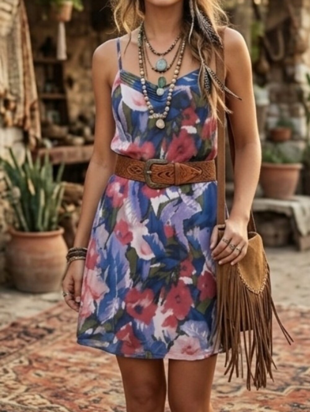 Moulinette Soeurs Blue Dress Pink Floral Print Western Boho Dressy Versatile